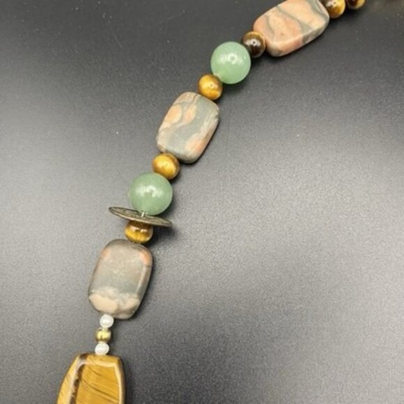 Rainforest Jasper Aventurine Tiger Eye Bead Necklace 22" Elephant Coin 66g Boho - Picture 9 of 10